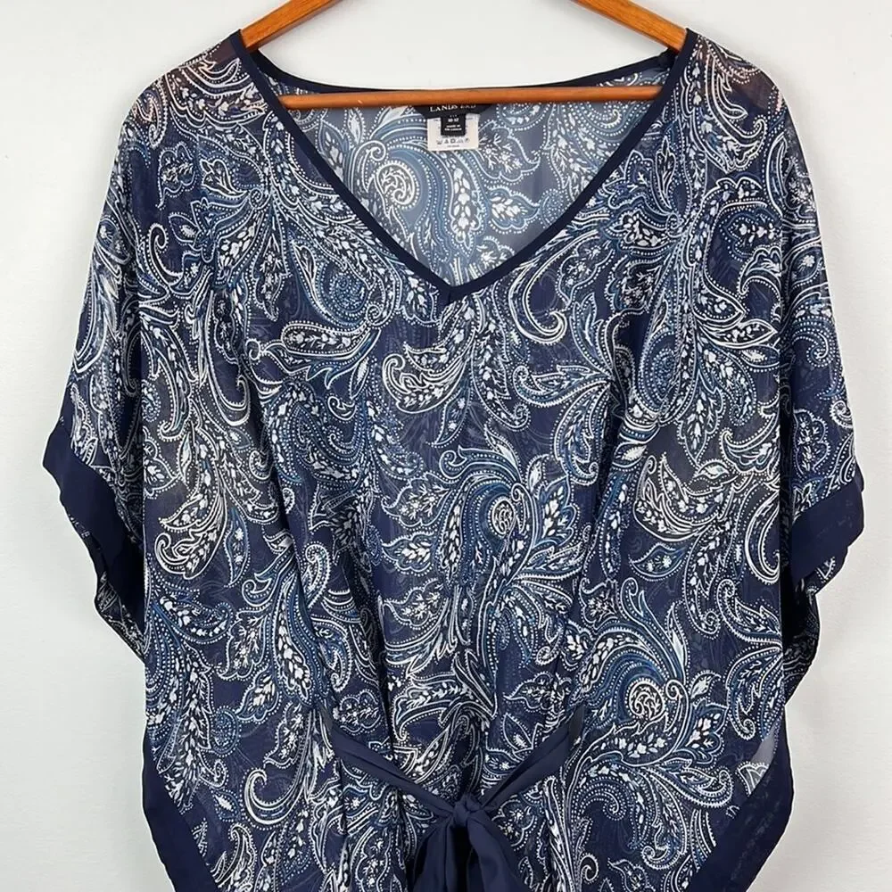 Lands End sheer floral paisley tie waist swim cover/ layering piece